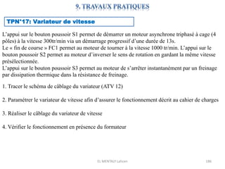 EL MENTALY Lahcen 186
TPN°17: Variateur de vitesse
1. Tracer le schéma de câblage du variateur (ATV 12)
2. Paramétrer le variateur de vitesse afin d’assurer le fonctionnement décrit au cahier de charges
3. Réaliser le câblage du variateur de vitesse
4. Vérifier le fonctionnement en présence du formateur
L’appui sur le bouton poussoir S1 permet de démarrer un moteur asynchrone triphasé à cage (4
pôles) à la vitesse 300tr/min via un démarrage progressif d’une durée de 13s.
Le « fin de course » FC1 permet au moteur de tourner à la vitesse 1000 tr/min. L’appui sur le
bouton poussoir S2 permet au moteur d’inverser le sens de rotation en gardant la même vitesse
présélectionnée.
L’appui sur le bouton poussoir S3 permet au moteur de s’arrêter instantanément par un freinage
par dissipation thermique dans la résistance de freinage.
 