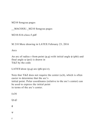 M210 Songyue.pages
__MACOSX/._M210 Songyue.pages
M210-S16-class-5.pdf
M 210 More drawing in LATEX February 23, 2016
Arcs
An arc of radius r from point (p,q) with initial angle ϕ (phi) and
final angle ψ (psi) is drawn in
TikZ by the code
LATEXdraw (p,q) arc (phi:psi:r);
Note that TikZ does not require the center (a,b), which is often
easier to determine that the arc’s
initial point. Polar coordinates (relative to the arc’s center) can
be used to express the initial point
in terms of the arc’s center.
(a,b)
(p,q)
ϕ
ψ
r
 