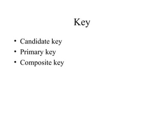 Key
• Candidate key
• Primary key
• Composite key
 
