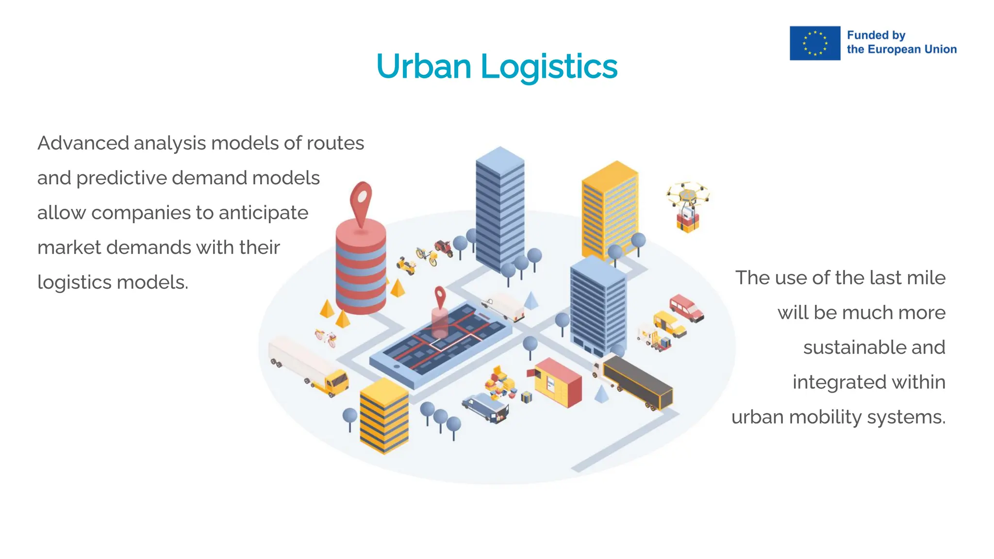 Urban Logistics
Advanced analysis models of routes
and predictive demand models
allow companies to anticipate
market demands with their
logistics models. The use of the last mile
will be much more
sustainable and
integrated within
urban mobility systems.
 