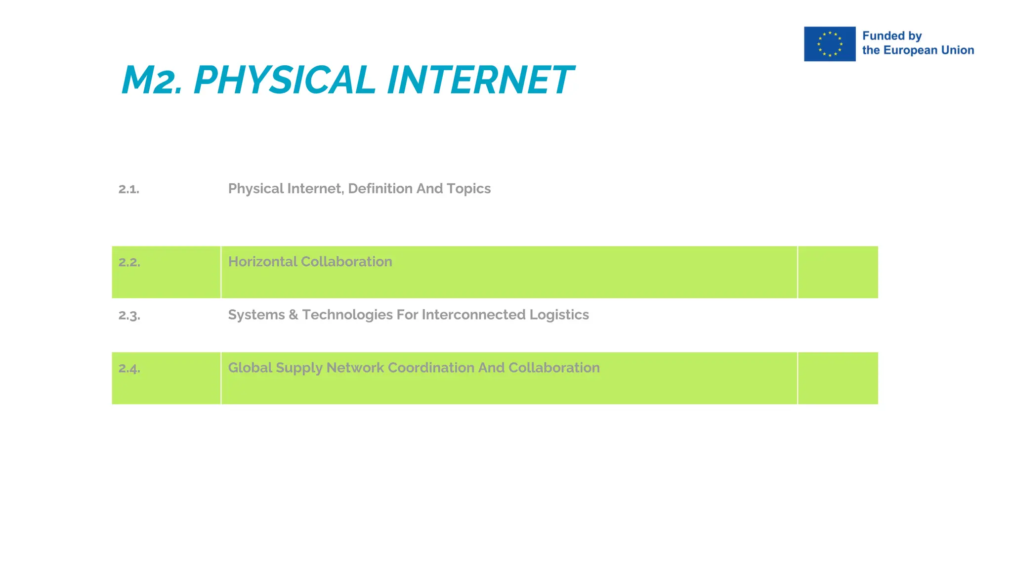 M2. PHYSICAL INTERNET
2.1. Physical Internet, Definition And Topics
2.2. Horizontal Collaboration
2.3. Systems & Technologies For Interconnected Logistics
2.4. Global Supply Network Coordination And Collaboration
 