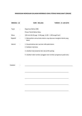 RINGKASAN MENGAJAR GALAKAN MEMBACA DAN LITERASI MAKLUMAT (GMLM)
MINGGU : 22 HARI : SELASA TARIKH : 21 JUN 2016
Tajuk : Organisasi Bahan (OB)
Proses Teknik Bahan Buku
Masa : 150 minit (8.10 pagi – 8.40 pagi, 11.00 – 1.00 tengah hari)
Objektif : 1. Memastikan semua buku baharu siap diproses mengikut teknik yang
betul.
Aktiviti : 1. Cop perolehan dan cop hak milik pada bahan.
2. Sediakan slip kerja.
3. Lekatkan kad pinjaman dan slip tarikh pulang.
4. Lekatkan label nombor panggilan dan nombor pengelasan pada buku.
Catatan : __________________________________________________________
__________________________________________________________
__________________________________________________________
__________________________________________________________
__________________________________________________________
 