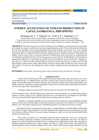 ENERGY ACCOUNTING OF TOMATO PRODUCTION IN LAPAZ, ZAMBOANGA, PHILIPPINES