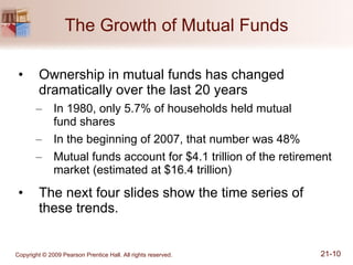 The Growth of Mutual Funds Ownership in mutual funds has changed dramatically over the last 20 years In 1980, only 5.7% of households held mutual  fund shares In the beginning of 2007, that number was 48% Mutual funds account for $4.1 trillion of the retirement market (estimated at $16.4 trillion) The next four slides show the time series of these trends. 