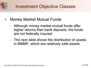 Investment Objective Classes Money Market Mutual Funds Although money market mutual funds offer higher returns than bank deposits, the funds are not federally insured. The next slide shows the distribution of assets in MMMF, which are relatively safe assets. 