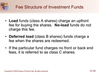 Fee Structure of Investment Funds Load  funds (class A shares) charge an upfront fee for buying the shares.  No-load  funds do not charge this fee. Deferred load  (class B shares) funds charge a fee when the shares are redeemed. If the particular fund charges no front or back end fees, it is referred to as class C shares. 