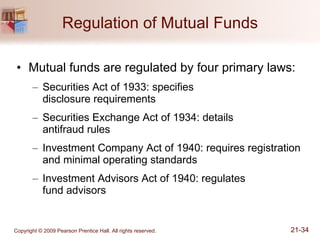 Regulation of Mutual Funds Mutual funds are regulated by four primary laws: Securities Act of 1933: specifies  disclosure requirements Securities Exchange Act of 1934: details  antifraud rules Investment Company Act of 1940: requires registration and minimal operating standards Investment Advisors Act of 1940: regulates  fund advisors 