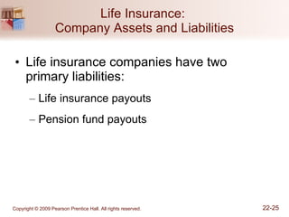 Life Insurance:  Company Assets and Liabilities Life insurance companies have two  primary liabilities: Life insurance payouts Pension fund payouts 