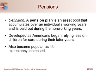 Pensions Definition:  A  pension plan  is an asset pool that accumulates over an individual’s working years and is paid out during the nonworking years. Developed as Americans began relying less on children for care during their later years. Also became popular as life  expectancy increased. 