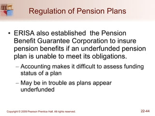 Regulation of Pension Plans ERISA also established  the Pension Benefit Guarantee Corporation to insure pension benefits if an underfunded pension plan is unable to meet its obligations. Accounting makes it difficult to assess funding status of a plan May be in trouble as plans appear underfunded 