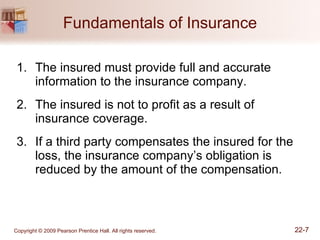 Fundamentals of Insurance The insured must provide full and accurate information to the insurance company. The insured is not to profit as a result of insurance coverage. If a third party compensates the insured for the loss, the insurance company’s obligation is reduced by the amount of the compensation. 
