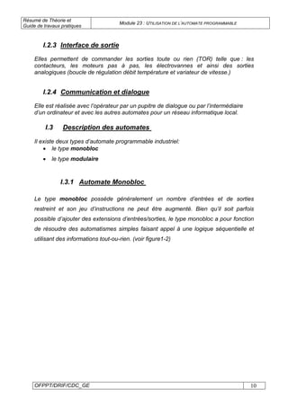 Résumé de Théorie et
Guide de travaux pratiques
Module 23 : UTILISATION DE L’AUTOMATE PROGRAMMABLE
OFPPT/DRIF/CDC_GE 10
I.2.3 Interface de sortie
Elles permettent de commander les sorties toute ou rien (TOR) telle que : les
contacteurs, les moteurs pas à pas, les électrovannes et ainsi des sorties
analogiques (boucle de régulation débit température et variateur de vitesse.)
I.2.4 Communication et dialogue
Elle est réalisée avec l’opérateur par un pupitre de dialogue ou par l’intermédiaire
d’un ordinateur et avec les autres automates pour un réseau informatique local.
I.3 Description des automates
Il existe deux types d’automate programmable industriel:
• le type monobloc
• le type modulaire
Le type monobloc possède généralement un nombre d’entrées et de sorties
restreint et son jeu d’instructions ne peut être augmenté. Bien qu’il soit parfois
possible d’ajouter des extensions d’entrées/sorties, le type monobloc a pour fonction
de résoudre des automatismes simples faisant appel à une logique séquentielle et
utilisant des informations tout-ou-rien. (voir figure1-2)
I.3.1 Automate Monobloc
 