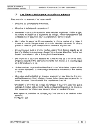Résumé de Théorie et
Guide de travaux pratiques
Module 23 : UTILISATION DE L’AUTOMATE PROGRAMMABLE
OFPPT/DRIF/CDC_GE 24
I.6 Les étapes à suivre pour raccorder un automate
Pour raccorder un automate, il est recommandé:
• De suivre les spécifications du fabricant.
• De suivre la technique de raccordement.
• De vérifier si les modules sont dans leurs embases respectives. Vérifier le type,
le numéro du modèle et le diagramme de câblage. Vérifier l’emplacement des
embases dans le document pour l’assignation des adresses d’E/S.
• De localiser le paquet de fils correspondant à chaque module et le diriger à
travers le conduit à l’emplacement du module. Identifier chacun des fils dans le
paquet et s’assurer qu’ils correspondent à ce module en particulier.
• En commençant avec le premier module, repérer le fil dans le paquée qui se
branche à la borne la plus basse. Au point où le fil arrive à la même hauteur que
le point de terminaison, plie le fil à angle droit vers la borne.
• De couper le fil pour qu’il dépasse de 6 mm du côté de la vis de la borne.
Dégainer l’isolant du fil à approximativement 9 mm. Insérer le fil sous la plaque
de la borne et serrer la vis.
• Si deux modules ou plus utilisent la même source d’alimentation, on peut utiliser
du cavalier «jumpers » pour le câblage de la source d’alimentation d’un module
à l’autre.
• Si le câble blindé est utilisé, en brancher seulement un bout à la mise à la terre,
préférablement au châssis. Ce branchement évitera toutes boucles possibles de
retour de masse. L’autre bout doit être coupé et non branché.
• De répéter la procédure de câblage pour chaque fil du paquet jusqu’à ce que le
câblage du module soit complété. Après que tous les fils auraient été branchés,
tirer doucement sur chacun pour s’assurer d’avoir un bon branchement.
• De répéter la procédure de câblage jusqu’à ce que tous les modules soient
terminés.
(voir figure 1-20)
 