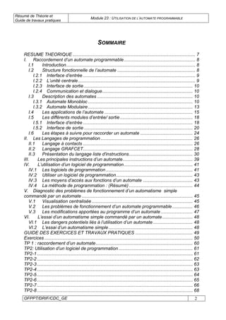 Résumé de Théorie et
Guide de travaux pratiques
Module 23 : UTILISATION DE L’AUTOMATE PROGRAMMABLE
OFPPT/DRIF/CDC_GE 2
SOMMAIRE
RESUME THEORIQUE ................................................................................................ 7
I. Raccordement d’un automate programmable........................................................ 8
I.1 Introduction..................................................................................................... 8
I.2 Structure fonctionnelle de l’automate ............................................................. 8
I.2.1 Interface d’entrée ........................................................................................ 9
I.2.2 L’unité centrale............................................................................................ 9
I.2.3 Interface de sortie ..................................................................................... 10
I.2.4 Communication et dialogue....................................................................... 10
I.3 Description des automates ........................................................................... 10
I.3.1 Automate Monobloc .................................................................................. 10
I.3.2 Automate Modulaire.................................................................................. 13
I.4 Les applications de l’automate ..................................................................... 15
I.5 Les différents modules d’entrée/ sortie......................................................... 18
I.5.1 Interface d’entrée ...................................................................................... 18
I.5.2 Interface de sortie ..................................................................................... 20
I.6 Les étapes à suivre pour raccorder un automate ......................................... 24
II. Les Langages de programmation ........................................................................ 26
II.1 Langage à contacts ...................................................................................... 26
II.2 Langage GRAFCET...................................................................................... 28
II.3 Présentation du langage liste d'instructions.................................................. 30
III. Les principales instructions d’un automate....................................................... 39
IV. L’utilisation d’un logiciel de programmation...................................................... 41
IV.1 Les logiciels de programmation .................................................................... 41
IV.2 Utiliser un logiciel de programmation............................................................ 43
IV.3 Les moyens d’accès aux fonctions d’un automate ....................................... 43
IV.4 La méthode de programmation : (Résumé).................................................. 44
V. Diagnostic des problèmes de fonctionnement d’un automatisme simple
commandé par un automate ....................................................................................... 45
V.1 Visualisation centralisée ............................................................................... 45
V.2 Les problèmes de fonctionnement d’un automate programmable................ 46
V.3 Les modifications apportées au programme d’un automate ......................... 47
VI. L’essai d’un automatisme simple commandé par un automate........................ 48
VI.1 Les dangers potentiels liés à l’utilisation d’un automate ............................... 48
VI.2 L’essai d’un automatisme simple.................................................................. 48
GUIDE DES EXERCICES ET TRAVAUX PRATIQUES ............................................. 49
Exercices .................................................................................................................... 50
TP 1 : raccordement d’un automate............................................................................ 60
TP2: Utilisation d’un logiciel de programmation .......................................................... 61
TP2-1.......................................................................................................................... 61
TP2-2.......................................................................................................................... 62
TP2-3.......................................................................................................................... 63
TP2-4.......................................................................................................................... 63
TP2-5.......................................................................................................................... 64
TP2-6.......................................................................................................................... 65
TP2-7.......................................................................................................................... 66
TP2-8.......................................................................................................................... 68
 