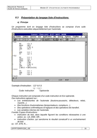 Résumé de Théorie et
Guide de travaux pratiques
Module 23 : UTILISATION DE L’AUTOMATE PROGRAMMABLE
OFPPT/DRIF/CDC_GE 30
II.3 Présentation du langage liste d'instructions
a) Principe
Un programme écrit en langage liste d'instructions se compose d’une suite
d'instructions exécutées séquentiellement par l’automate.
Chaque instruction est composée d'un code instruction et d'un opérande.
Ces instructions agissent sur :
• Les entrées/sorties de l’automate (boutons-poussoirs, détecteurs, relais,
voyants...),
• Des fonctions d’automatismes (temporisateurs, compteurs...),
• Des opérations arithmétiques et logiques et des opérations de transfert,
• Les variables internes de l’automate.
Il existe 2 types d'instructions :
• Instruction de test, dans laquelle figurent les conditions nécessaires à une
action, ex : LD, AND, OR...
• Instruction d'action, qui sanctionne le résultat consécutif à un enchaînement
de test.
ex : ST, STN, R,...
 