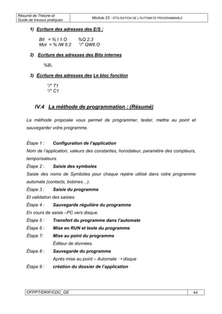 Résumé de Théorie et
Guide de travaux pratiques
Module 23 : UTILISATION DE L’AUTOMATE PROGRAMMABLE
OFPPT/DRIF/CDC_GE 44
1) Ecriture des adresses des E/S :
Bit = % I 1.O %Q 2.3
Mot = % IW 6.2 °/° QW6.O
2) Ecriture des adresses des Bits internes
%B1
3) Écriture des adresses des Le bloc fonction
°/° T1
°/° C1
IV.4 La méthode de programmation : (Résumé)
La méthode proposée vous permet de programmer, tester, mettre au point et
sauvegarder votre programme.
Étape 1 : Configuration de l’application
Nom de l’application, valeurs des constantes, horodateur, paramètre des compteurs,
temporisateurs.
Étape 2 : Saisie des symboles
Saisie des noms de Symboles pour chaque repère utilisé dans votre programme
automate (contacts, bobines…).
Étape 3 : Saisie du programme
Et validation des saisies.
Étape 4 : Sauvegarde régulière du programme
En cours de saisie –PC vers disque.
Étape 5 : Transfert du programme dans l’automate
Étape 6 : Mise en RUN et teste du programme
Étape 7: Mise au point du programme
Éditeur de données.
Étape 8 : Sauvegarde du programme
Après mise au point – Automate ➝ disque
Étape 9 : création du dossier de l’application
 