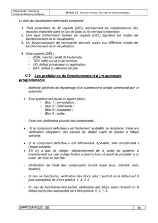 Résumé de Théorie et
Guide de travaux pratiques
Module 23 : UTILISATION DE L’AUTOMATE PROGRAMMABLE
OFPPT/DRIF/CDC_GE 46
Le bloc de visualisation centralisée comprend :
1. Trois ensembles de 32 voyants (DEL) représentant les emplacements des
modules implantés dans le bac de base ou le mini bac d’extension.
2. Une ligne d’information formée de voyants (DEL) signalant les modes de
fonctionnement de la visualisation.
3. Un bouton-poussoir de commande donnant accès aux différents modes de
fonctionnement de la visualisation.
4. Cinq voyants (DEL) :
- RUN, marche / arrêt de l’automate,
- TER, trafic sur la prise terminal,
- I/O, défaut processeur ou application,
- BAT, défaut ou absence de pile.
V.2 Les problèmes de fonctionnement d’un automate
programmable
- Méthode générale de dépannage d’un automatisme simple commandé par un
automate.
• Tout système est divisé en quatre blocs :
- Bloc 1 : alimentation ;
- Bloc 2 : commande ;
- Bloc 3 : puissance ;
- Bloc 4 : sortie.
- Faire une vérification visuelle des composants :
• Si le composant défectueux est facilement repérable, le remplacer. Faire une
vérification obligatoire des causes du défaut avant de passer à l’étape
suivante.
• Si le composant défectueux est difficilement repérable, aller directement à
l’étape suivante.
• S’il n’y a pas de danger, débranchement de la sortie du système et
branchement sur une charge factice («dummy load ») avant de procéder à un
essai de mise en marche.
- Vérification de l’état des composants durant essai (vue, odorant, ouïe,
toucher).
- Si rien ne fonctionne, vérification des blocs selon l’endroit où le défaut est le
plus susceptible de s’être produit, 1, 4, 3, 2.
- En cas de fonctionnement partiel, vérification des blocs selon l’endroit où le
défaut est le plus susceptible de s’être produit, 4, 3, 1, 2.
 