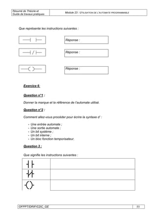 Résumé de Théorie et
Guide de travaux pratiques
Module 23 : UTILISATION DE L’AUTOMATE PROGRAMMABLE
OFPPT/DRIF/CDC_GE 55
Que représente les instructions suivantes :
Réponse :
Réponse :
Réponse :
Exercice 6:
Question n°1 :
Donner la marque et la référence de l’automate utilisé.
Question n°2 :
Comment allez-vous procéder pour écrire la syntaxe d’ :
- Une entrée automate ;
- Une sortie automate ;
- Un bit système ;
- Un bit interne ;
- Un bloc fonction temporisateur.
Question 3 :
Que signifie les instructions suivantes :
 