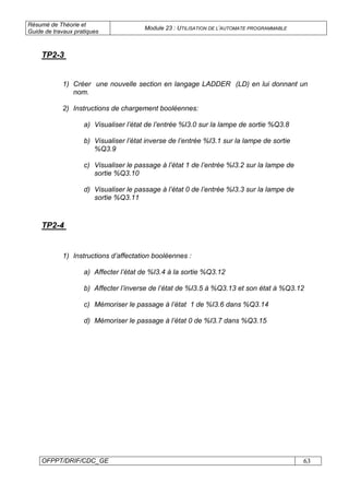 Résumé de Théorie et
Guide de travaux pratiques
Module 23 : UTILISATION DE L’AUTOMATE PROGRAMMABLE
OFPPT/DRIF/CDC_GE 63
1) Créer une nouvelle section en langage LADDER (LD) en lui donnant un
nom.
2) Instructions de chargement booléennes:
a) Visualiser l’état de l’entrée %I3.0 sur la lampe de sortie %Q3.8
b) Visualiser l’état inverse de l’entrée %I3.1 sur la lampe de sortie
%Q3.9
c) Visualiser le passage à l’état 1 de l’entrée %I3.2 sur la lampe de
sortie %Q3.10
d) Visualiser le passage à l’état 0 de l’entrée %I3.3 sur la lampe de
sortie %Q3.11
1) Instructions d’affectation booléennes :
a) Affecter l’état de %I3.4 à la sortie %Q3.12
b) Affecter l’inverse de l’état de %I3.5 à %Q3.13 et son état à %Q3.12
c) Mémoriser le passage à l’état 1 de %I3.6 dans %Q3.14
d) Mémoriser le passage à l’état 0 de %I3.7 dans %Q3.15
TP2-3
TP2-4
 