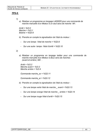 Résumé de Théorie et
Guide de travaux pratiques
Module 23 : UTILISATION DE L’AUTOMATE PROGRAMMABLE
OFPPT/DRIF/CDC_GE 64
1)
a) Réaliser un programme en langage LADDER pour une commande de
marche manuelle d’un Moteur à un seul sens de marche M1.
Arrêt = %I3.0
Marche = %I3.1
Bobine = %Q3.8
b) Prendre en compte la signalisation de l’état du moteur :
- Sur une lampe l’état de marche = %Q3.9
- Sur une autre lampe l’état d’arrêt = %Q3.10
2)
a) Réaliser un programme en langage ladder pour une commande de
marche manuelle d’un Moteur à deux sens de marches
(avant et arrière ) M2 .
Arrêt = %I3.2
Marche avant = %I3.3
Marche arrière = %I3.4
Commande marche_av = %Q3.11
Commande marche_ar = %Q3.12
b) Prendre en compte la signalisation de l’état du moteur :
- Sur une lampe verte l’état de marche _ avant = %Q3.13
- Sur une lampe orange l’état de marche _ arrière = %Q3.14
- Sur une lampe rouge l’état d’arrêt = %Q3.15
TP2-5
 