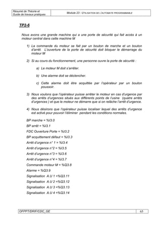 Résumé de Théorie et
Guide de travaux pratiques
Module 23 : UTILISATION DE L’AUTOMATE PROGRAMMABLE
OFPPT/DRIF/CDC_GE 65
Nous avons une grande machine qui a une porte de sécurité qui fait accès à un
moteur central dans cette machine M
1) La commande du moteur se fait par un bouton de marche et un bouton
d’arrêt. L’ouverture de la porte de sécurité doit bloquer le démarrage du
moteur M
2) Si au cours du fonctionnement, une personne ouvre la porte de sécurité :
a) Le moteur M doit s’arrêter.
b) Une alarme doit se déclencher.
c) Cette alarme doit être acquittée par l’opérateur par un bouton
poussoir.
3) Nous voulons que l’opérateur puisse arrêter le moteur en cas d’urgence par
des arrêts d’urgences situés aux différents points de l’usine (quatre arrêts
d’urgences ) et que le moteur ne démarre que si on relâche l’arrêt d’urgence.
4) Nous désirons que l’opérateur puisse localiser lequel des arrêts d’urgence
est activé pour pouvoir l’éliminer pendant les conditions normales.
BP marche = %I3.0
BP arrêt = %I3.1
FDC Ouverture Porte = %I3.2
BP acquittement défaut = %I3.3
Arrêt d’urgence n° 1 = %I3.4
Arrêt d’urgence n°2 = %I3.5
Arrêt d’urgence n°3 = %I3.6
Arrêt d’urgence n°4 = %I3.7
Commande moteur M = %Q3.8
Alarme = %Q3.9
Signalisation A.U 1 =%Q3.11
Signalisation A.U 2 =%Q3.12
Signalisation A.U 3 =%Q3.13
Signalisation A.U 4 =%Q3.14
TP2-6
 