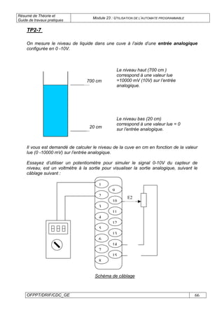 Résumé de Théorie et
Guide de travaux pratiques
Module 23 : UTILISATION DE L’AUTOMATE PROGRAMMABLE
OFPPT/DRIF/CDC_GE 66
On mesure le niveau de liquide dans une cuve à l’aide d’une entrée analogique
configurée en 0 -10V.
Il vous est demandé de calculer le niveau de la cuve en cm en fonction de la valeur
lue (0 -10000 mV) sur l’entrée analogique.
Essayez d’utiliser un potentiomètre pour simuler le signal 0-10V du capteur de
niveau, est un voltmètre à la sortie pour visualiser la sortie analogique, suivant le
câblage suivant :
TP2-7
700 cm
20 cm
Le niveau haut (700 cm )
correspond à une valeur lue
=10000 mV (10V) sur l’entrée
analogique.
Le niveau bas (20 cm)
correspond à une valeur lue = 0
sur l’entrée analogique.
6
2
3
4
5
7
8
1
14
13
12
11
10
9
15
E2
Schéma de câblage
 