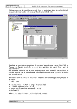 Résumé de Théorie et
Guide de travaux pratiques
Module 23 : UTILISATION DE L’AUTOMATE PROGRAMMABLE
OFPPT/DRIF/CDC_GE 67
Votre programme devra utiliser une voie d’entrée analogique dans le module intégré
à l’automate, la première voie sera configurée en entrée 0-10V.
Réalisez le programme permettant de retrouver dans le mot interne %MW100 la
hauteur de liquide (exprimée en cm ) correspondant au signal délivré par le
potentiomètre.
Le voltmètre connecté sur la sortie analogique va nous permettre de visualiser la
tension délivrée par le potentiomètre en recopiant l’entrée analogique sur la sortie
par un programme.
La relation entre le niveau de la cuve (en cm ) et la mesure analogique en (mV) est la
suivante :
Y = X a / b + c
Y : la valeur mise à l’échelle (à ranger dans %mw100)
a : l’échelle physique (700-20 = 680 )
b : la résolution de l’entrée analogique (10000)
c : l’offset (20)
Utilisez une table d’animation pour visualiser %MW100.
 