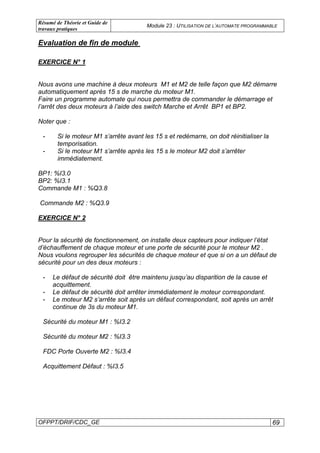 Résumé de Théorie et Guide de
travaux pratiques
Module 23 : UTILISATION DE L’AUTOMATE PROGRAMMABLE
OFPPT/DRIF/CDC_GE 69
EXERCICE N° 1
Nous avons une machine à deux moteurs M1 et M2 de telle façon que M2 démarre
automatiquement après 15 s de marche du moteur M1.
Faire un programme automate qui nous permettra de commander le démarrage et
l’arrêt des deux moteurs à l’aide des switch Marche et Arrêt BP1 et BP2.
Noter que :
- Si le moteur M1 s’arrête avant les 15 s et redémarre, on doit réinitialiser la
temporisation.
- Si le moteur M1 s’arrête après les 15 s le moteur M2 doit s’arrêter
immédiatement.
BP1: %I3.0
BP2: %I3.1
Commande M1 : %Q3.8
Commande M2 : %Q3.9
EXERCICE N° 2
Pour la sécurité de fonctionnement, on installe deux capteurs pour indiquer l’état
d’échauffement de chaque moteur et une porte de sécurité pour le moteur M2 .
Nous voulons regrouper les sécurités de chaque moteur et que si on a un défaut de
sécurité pour un des deux moteurs :
- Le défaut de sécurité doit être maintenu jusqu’au disparition de la cause et
acquittement.
- Le défaut de sécurité doit arrêter immédiatement le moteur correspondant.
- Le moteur M2 s’arrête soit après un défaut correspondant, soit après un arrêt
continue de 3s du moteur M1.
Sécurité du moteur M1 : %I3.2
Sécurité du moteur M2 : %I3.3
FDC Porte Ouverte M2 : %I3.4
Acquittement Défaut : %I3.5
Evaluation de fin de module
 