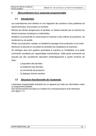 Résumé de Théorie et Guide de
travaux pratiques
Module 23 : UTILISATION DE L’AUTOMATE PROGRAMMABLE
OFPPT/DRIF/CDC_GE 8
I.1 Introduction
Les automatismes sont réalisés en vue d’apporter des solutions à des problèmes de
nature technique, économique ou humaine.
Eliminer les tâches dangereuses et pénibles, en faisant exécuter par la machine les
tâches humaines complexes ou indésirables.
Améliorer la productivité en asservissant la machine à des critères de production, de
rendement ou de qualité.
Piloter une production variable, en facilitant le passage d’une production à une autre.
Renforcer la sécurité en surveillant et contrôlant les installations et machines.
On distingue dans tout système automatisé la machine ou l’installation et la partie
commande constituée par l’appareillage d’automatisme. Cette partie commande est
assurée par des constituants répondant schématiquement à quatre fonctions de
base :
- L’acquisition des données
- Le traitement des données
- La commande de puissance
- Le dialogue homme machine
I.2 Structure fonctionnelle de l’automate
L’automate programmable industriel est un appareil qui traite les informations selon
un programme préétabli.
Son fonctionnement est basé sur l’emploi d’un microprocesseur et de mémoires.
(voir figure 1-1)
I. Raccordement d’un automate programmable
 