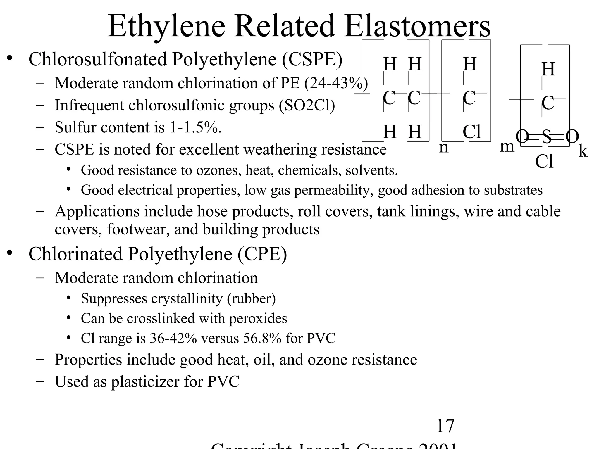 17
Ethylene Related Elastomers
• Chlorosulfonated Polyethylene (CSPE)
– Moderate random chlorination of PE (24-43%)
– Infrequent chlorosulfonic groups (SO2Cl)
– Sulfur content is 1-1.5%.
– CSPE is noted for excellent weathering resistance
• Good resistance to ozones, heat, chemicals, solvents.
• Good electrical properties, low gas permeability, good adhesion to substrates
– Applications include hose products, roll covers, tank linings, wire and cable
covers, footwear, and building products
• Chlorinated Polyethylene (CPE)
– Moderate random chlorination
• Suppresses crystallinity (rubber)
• Can be crosslinked with peroxides
• Cl range is 36-42% versus 56.8% for PVC
– Properties include good heat, oil, and ozone resistance
– Used as plasticizer for PVC
C C
H H
H H
n
C
Cl
H
m
C
S
H
k
Cl
O O
 