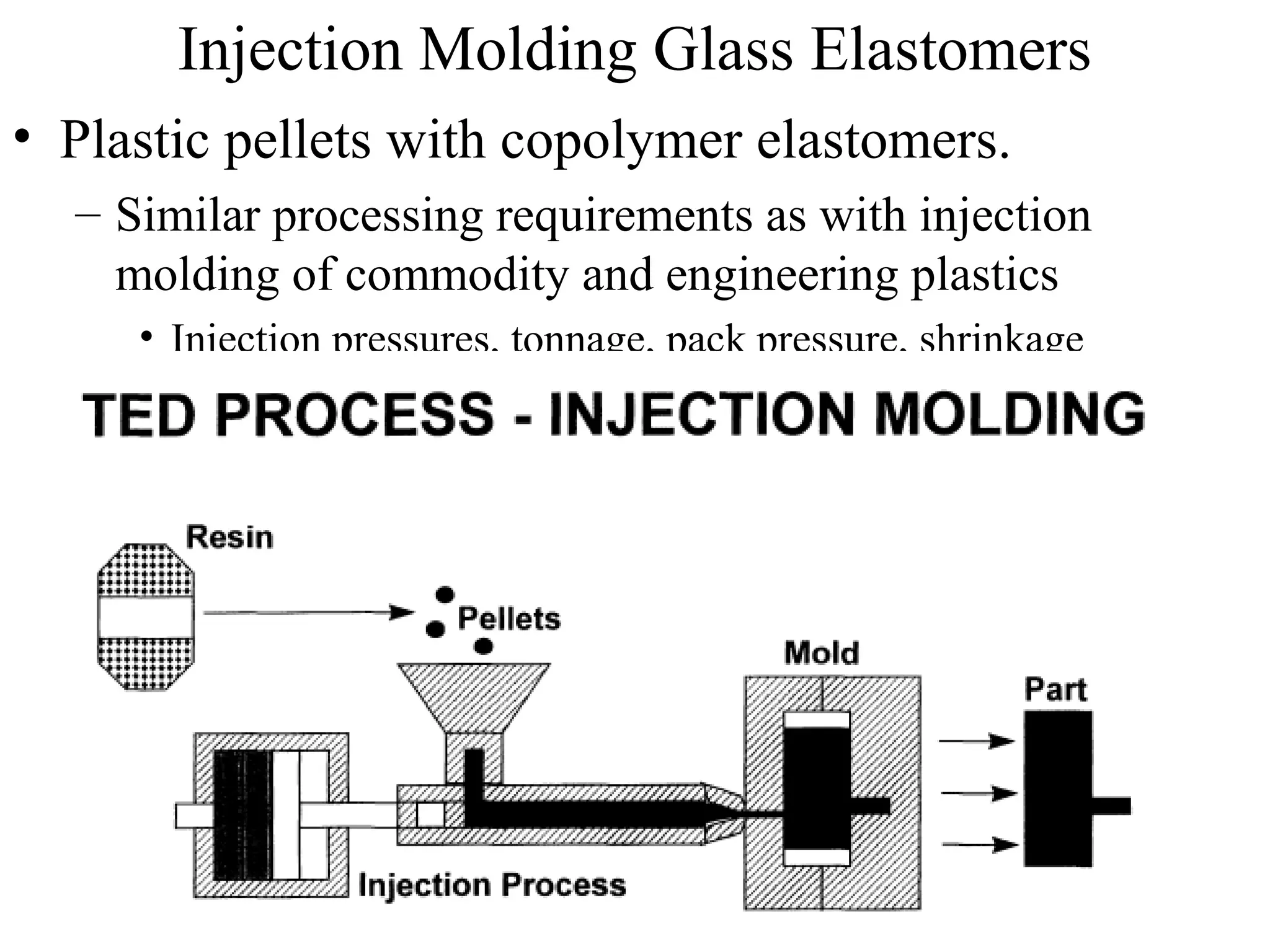 52
Injection Molding Glass Elastomers
• Plastic pellets with copolymer elastomers.
– Similar processing requirements as with injection
molding of commodity and engineering plastics
• Injection pressures, tonnage, pack pressure, shrinkage
 