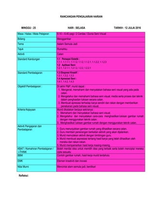 RANCANGAN PENGAJARAN HARIAN
MINGGU : 25 HARI : SELASA TARIKH : 12 JULAI 2016
Masa / Kelas / Mata Pelajaran 8.10 – 8.40 pagi / 2 Cerdas / Dunia Seni Visual
Bidang Menggambar
Tema Aalam Semula Jadi
Tajuk Rumahku
Aktiviti Catan
Standard Kandungan 1.1 Persepsi Estetik :
1.1.1, 1.1.1.1, 1.1.1.2, 1.1.2, 1.1.2.1, 1.1.2.2, 1.1.2.3
1.2 Aplikasi Seni:
1.2.1, 1.2.1.1, 1.2.1.2, 1.2.2, 1.2.2.1
Standard Pembelajaran 1.3 Ekspresi Kreatif :
1.3.1, 1.3.2, 1.3.3
1.4 Apresiasi Seni :
1.4.1, 1.4.2, 1.4.3
Objektif Pembelajaran : Di akhir P&P, murid dapat :
1. 1. Mengenal, memahami dan menyatakan bahasa seni visual yang ada pada
2. catan.
3. 2. Mengetahui dan memahami bahasa seni visual, media serta proses dan teknik
4. dalam penghasilan lukisan secara catan.
5. 3. Membuat apresiasi terhadap karya sendiri dan rakan dengan memberikan
6. penekanan pada bahasa seni visual.
Kriteria Kejayaan Murid dikatakan berjaya sekiranya :
1. Memahami dan menyatakan bahasa seni visual.
2. Mengetahui dan menyatakan cara-cara menghasilkan lukisan gambar rumah
dengan menggunakan teknik catan.
3. Menghasilkan lukisan gambar rumah dengan menggunakan teknik catan.
Aktiviti Pengajaran dan
Pembelajaran
Gur
1. 1. Guru menunjukkan gambar rumah yang dihasilkan secara catan.
2. 2. Guru memberi penerangan berkaitan aktiviti yang akan dijalankan.
3. 3. Murid memulakan aktiviti dengan bimbingan guru.
4. 4. Murid membuat aspresiasi tentang hasil karya yang telah dihasilkan oleh
5. mereka dan rakan-rakan.
6. 5. Murid mempamerkan hasil kerja masing-masing.
KBAT / Kemahiran Pembelajaran /
i-THINK
Boleh menilai idea untuk memilih idea yang terbaik serta boleh mencipta/ mereka
cipta sesuatu
BBM Contoh gambar rumah, hasil kerja murid terdahulu
EMK Elemen kreativiti dan inovasi
Nilai Murni Mencintai alam semula jadi, berdikari
Refleksi:
 