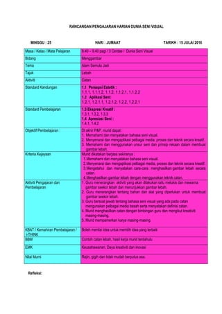 RANCANGAN PENGAJARAN HARIAN DUNIA SENI VISUAL
MINGGU : 25 HARI : JUMAAT TARIKH : 15 JULAI 2016
Masa / Kelas / Mata Pelajaran 8.40 – 9.40 pagi / 3 Cerdas / Dunia Seni Visual
Bidang Menggambar
Tema Alam Semula Jadi
Tajuk Lebah
Aktiviti Catan
Standard Kandungan 1.1 Persepsi Estetik :
1.1.1, 1.1.1.2, 1.1.2, 1.1.2.1, 1.1.2.2
1.2 Aplikasi Seni:
1.2.1, 1.2.1.1, 1.2.1.2, 1.2.2, 1.2.2.1
Standard Pembelajaran 1.3 Ekspresi Kreatif :
1.3.1, 1.3.2, 1.3.3
1.4 Apresiasi Seni :
1.4.1, 1.4.2
Objektif Pembelajaran : Di akhir P&P, murid dapat :
1. Memahami dan menyatakan bahasa seni visual.
2. Menyenarai dan mengaplikasi pelbagai media, proses dan teknik secara kreatif.
3. Memahami dan menggunakan unsur seni dan prinsip rekaan dalam membuat
gambar lebah.
Kriteria Kejayaan Murid dikatakan berjasa sekiranya :
1.Memahami dan menyatakan bahasa seni visual.
2.Menyenarai dan mengaplikasi pelbagai media, proses dan teknik secara kreatif.
3.Mengetahui dan menyatakan cara-cara menghasilkan gambar lebah secara
catan.
4.Menghasilkan gambar lebah dengan menggunakan teknik catan.
Aktiviti Pengajaran dan
Pembelajaran
1. 1. Guru menerangkan aktiviti yang akan dilakukan iaitu melukis dan mewarna
2. gambar seekor lebah dan menunjukkan gambar lebah.
2. Guru menerangkan tentang bahan dan alat yang diperlukan untuk membuat
gambar seekor lebah.
3. 3. Guru bersoal jawab tentang bahasa seni visual yang ada pada catan
4. mengunakan pelbagai media basah serta menyatakan definisi catan.
5. 4. Murid menghasilkan catan dengan bimbingan guru dan mengikut kreativiti
6. masing-masing.
7. 5. Murid mempamerkan karya masing-masing.
8.
KBAT / Kemahiran Pembelajaran /
i-THINK
Boleh menilai idea untuk memilih idea yang terbaik
BBM Contoh catan lebah, hasil kerja murid terdahulu
EMK Keusahawanan, Daya kreativiti dan inovasi
Nilai Murni Rajin, gigih dan tidak mudah berputus asa.
Refleksi:
 