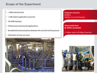 Scope of the Experiment 
7 
Temporary Licenses 
400MHz 
700MHz (13 and 28 bands) 
• + 500 technical tests 
• + 100 airport application scenarios 
• LTE PMR Solution 
• Professional and Security Applications 
• Broadband Communications between the aircraft and the ground 
• Evaluation of new use cases 
Observed Bit Rate 
@ 10MHz bandwidth 
17 Mbps Uplink, 60 Mbps Downlink 
 