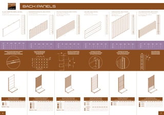 76
CONNECTION BETWEEN BACK PANELS
CONNEXION ENTRE LES FONDS
CONNESSIONE TRA PANNELLI POSTERIORI
HOLES PATTERN DETAIL
DETAIL PERFORATIONS
DETTAGLIO FORI
MULTISLAT DIMENSIONS
DIMENSIONS MULTI LAMES
DIMENSIONI MULTILAMA
LOCKING CLIP DETAIL
CLIP DE VERROUILLAGE FOND
DETTAGLIO BLOCCAGGIO
LOCKING CLIP DETAIL
CLIP DE VERROUILLAGE FOND
DETTAGLIO BLOCCAGGIO
BAR DIMENSIONS
DIMENSIONS BARRE
DIMENSIONI BARRE
PLAIN FRONTAL BACK PANEL PERFORATED FRONTAL BACK PANEL MULTISLAT FRONTAL BACK PANEL CENTRAL BACK PANEL WIRE CENTRAL BACK PANEL MULTIBAR CENTRAL BACK PANE
FOND PLEIN FOND PERFORE FOND MULTI LAMES FOND CENTRAL FOND CENTRAL FIL FOND CENTRAL MULTI BARRES
SCHIENALE FRONTALE LISCIO SCHIENALE FRONTALE FORATO SCHIENALE FRONTALE
MULTILAMA
SCHIENALE CENTRALE SCHIENALE
CENTRALE IN FILO
SCHIENALE CENTRALE
MULTIBARRA
BACK PANELS
L/P 50 66,5 100 125 133
10 - ✓ ✓ - ✓
30 - ✓ ✓ - ✓
40 - ✓ ✓ - ✓
L/P 50 66,5 100 125 133
30 - - - - -
40 - ✓ ✓ - ✓
L/P 50 66,5 100 125 133
30 - ✓ ✓ - ✓
40 - ✓ ✓ - ✓
L/P 50 66,5 100 125 133
30 - ✓ ✓ - ✓
40 - ✓ ✓ - ✓
L/P 50 66,5 100 125 133
60 - ✓ ✓ - ✓
80 - ✓ ✓ - ✓
L/P 50 66,5 100 125 133
30 - - - - -
40 - ✓ ✓ - ✓
39
9
12
38
50
50
30
15
PLAIN PANELS BREAKDOWN
REPARTITION FONDS PLEINS
COMPOSIZIONE SCHIENALI FRONTALI LISCI
H 143 163 183 203 223 243 263
H 40cm 1 3 2 4 3 5 4
H 30cm 3 1 3 1 3 1 3
CENTRAL PANELS BREAKDOWN
REPARTITION FONDS CENTRAUX
COMPOSIZIONE SCHIENALI CENTRALI
H / BASE 10 143 163 183 203 223 243 263
H 40cm 2 4 3 5 4 6 5
H 30cm 2 0 2 0 2 0 2
WIRE PANELS BREAKDOWN
REPARTITION FONDS FIL
COMPOSIZIONE SCHIENALI CENTRALI IN FILO
H / BASE 10; 15 143 163 183 203 223 243 263
H 60cm 1 0 3 2 1 0 3
H 80cm 1 2 0 1 2 3 1
MULTIBAR BREAKDOWN
REPARTITION FONDS MULTIBARRES
COMPOSIZIONE SCHIENALI CENTRALI MULTIBARRA
H / BASE 10; 15 143 163 183 203 223 243 263
H 40cm 3 3 4 4 5 5 6
H 30cm 0 1 0 1 0 1 0
H 10cm 1 0 1 0 1 0 1
H / BASE 15 143 163 183 203 223 243 263
H 40cm 1 3 2 4 3 5 4
H 30cm 3 1 3 1 3 1 3
PERFORATED PANELS BREAKDOWN
REPARTITION FONDS PERFORES
COMPOSIZIONE SCHIENALI FRONTALI FORATI
H 143 163 183 203 223 243 263
H 40cm 3 3 4 4 5 5 5
H 40cm 0 0 0 0 0 0 1
H 30cm 0 1 0 1 0 1 0
H 10cm 1 0 1 0 1 0 1
MULTISLAT PANELS BREAKDOWN
REPARTITION FONDS MULTI LAMES
COMPOSIZIONE SCHIENALI FRONTALI MULTILAMA
H 143 163 183 203 223 243 263
H 40cm 3 3 4 4 5 5 5
H 40cm 0 0 0 0 0 0 1
H 30cm 0 1 0 1 0 1 0
H 10cm 1 0 1 0 1 0 1
BASE H10 H 6cm 1 1 1 1 1 1 1
BASE H10 H 6cm 1 1 1 1 1 1 1 BASE H10 H 6cm 1 1 1 1 1 1 1
12,5
 