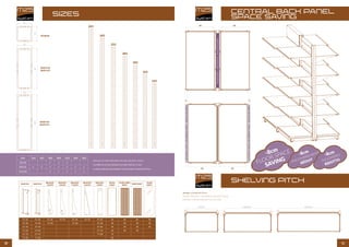 1110
SIZES CENTRAL BACK PANEL
SPACE SAVING
SHELVING PITCH
263
243
223
203
183
163
143
S/H 143 163 183 203 223 243 263
30x30 - - ✓ ✓ ✓ - -
80x30 ✓ ✓ ✓ ✓ ✓ ✓ ✓
110x30 - - ✓ ✓ ✓ ✓ ✓
Sizes are in cm for indication only, the real size is -0,5cm
SHELVING PITCH
50
50
50
50
4 4
665mm 1000mm 1330mm
DIMENSIONS LINEAIRES RAYONNAGE
PASSI LINEARI SCAFFALATURE
Les tailles en cm sont indicatives, la taille réelle est -0,5cm
Le misure indicate sono nominali, la misura reale è inferiore di 0.5cm
BASE H15 BASE H10
BRACKET
3 SLOTS
BRACKET
4 SLOTS
BRACKET
5 SLOTS
BRACKET
6 SLOTS
BRACKET
4 POST
METAL
SHELF
EXTRA WIRE
SHELF
WIRE SHELF
GLASS
SHELF
27; 30 27; 30 27; 30 47; 50 47; 50 67; 70 37; 40 30 30 30 30
37; 40 37; 40 37; 40 57; 60 47; 50 40 40 40 40
47; 50 47; 50 57; 60 50 50 50 50
57; 60 57; 60 67; 70 60 60 60
67; 70 67; 70 77; 80 70
77; 80 77; 80 80
BASE H10
BASE H15
BASE H10
BASE H15
NO BASE3080110
30
30
30
FLOORSPACESAVING-EMCOMBREMENTRÉDUIT-RIDUZIONEINGOMBRO
FLOORSPACESAVING-EMCOMBREMENTRÉDUIT-RIDUZIONEINGOMBRO
UNUSEDSPACE-SPACEINUTILISE-SPAZIOINUTLIZZATO
-8cm
FLOOR SPACE
SAVING
-8cm
ENCOMBREMENT
RÉDUIT
-8cm
INGOMBRO
RIDOTTO
 