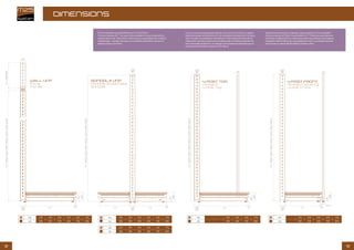 1312
DIMENSIONS
GONDOLA UNIT
Gondole double face
Gondola
4 POST TOP
MiniRack
4 Post Top
4 POST FRONT
MiniRack Advance
4 Post Front
WALL UNIT
Mural
Murale
140
140
140
140
90
90
90
90
19 19 19
33,5
19110
80
110
80
110
80
110
80
110
80
30
H=1425;1625;1825;2025;2225;2425;2625
H=1425;1625;1825;2025;2225;2425;2625
H=1425;1625;1825;2025;2225;2425;2625
H=1425;1625;1825;2025;2225;2425;2625
H=200;400
L b L b L b L bL a
L b 270 370 470 570 670 770
L b 308 408 508 608 708 808
L b - - 470 570 670 770
L b - - 508 608 708 808
L b - 370 470 570 670 770
L b - 408 508 608 708 808
L a 270 370 470 570 670 770
L a 308 408 508 608 708 808
L b 270 370 470 570 670 770
L b 308 408 508 608 708 808
80
110
80
110
80 30
The threaded feet are adjustable from 15mm to 50mm.
The sizes ending with ‘7’ are specifically available for central back panels
configurations only. They deliver a floor space saving of 80mm for a double
sided gondola. Upright extensions are available in 80x30mm sections in
heights of 20cm and 40cm.
Les vérins en acier ont une hauteur mini de 15 mm et maxi de 50 mm. La hauteur
réelle des montants est inférieure de 5 mm à la hauteur nominale soit H=163 pour
162,5 cm réels. Les profondeurs terminant par 7 sont uniquement réservées au
congurations avec fond central, soit une réductionde l’encombrement de 60 mm
pour une gondole double face. Les rallonges sont uniquement disponibles pour le
montant section 80x30 et existent en 20 et 40 cm.
I piedini in acciaio hanno un’ ingombro in altezza minimo di 15mm regolabili
fino ad un massimo di 50mm. Le profondità con il ‘7’ finale sono espressamente
previste per configurazioni con schienale centrale che permettono una riduzione
d’ingombro totale di 80mm per ogni gondola bi-facciale. Le prolunghe montanti
sono previste in sezione 80x30 e altezze di 20cm e 40cm
 