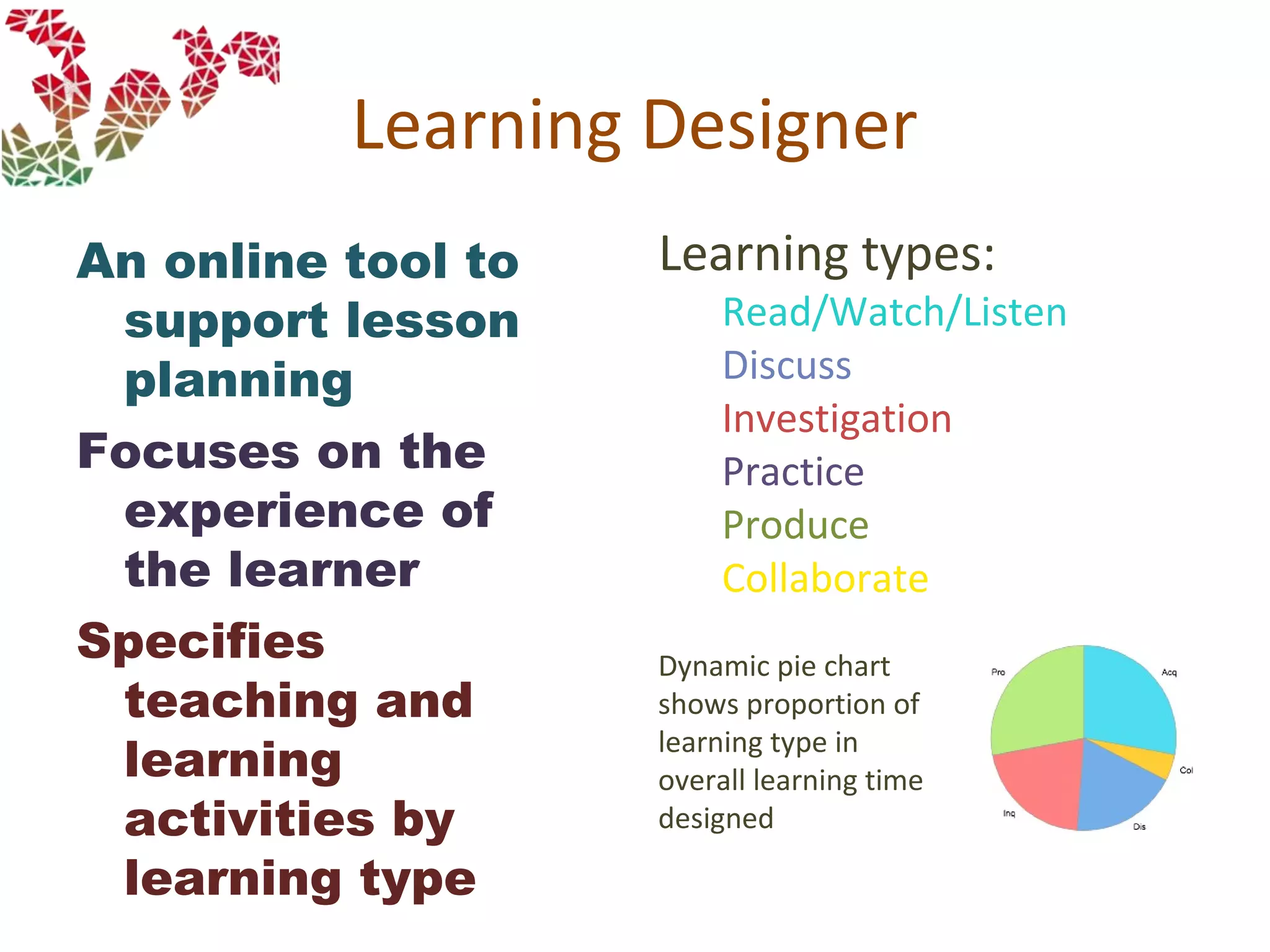Learning Designer
An online tool to
support lesson
planning
Focuses on the
experience of
the learner
Specifies
teaching and
learning
activities by
learning type
Learning types:
Read/Watch/Listen
Discuss
Investigation
Practice
Produce
Collaborate
Dynamic pie chart
shows proportion of
learning type in
overall learning time
designed
 