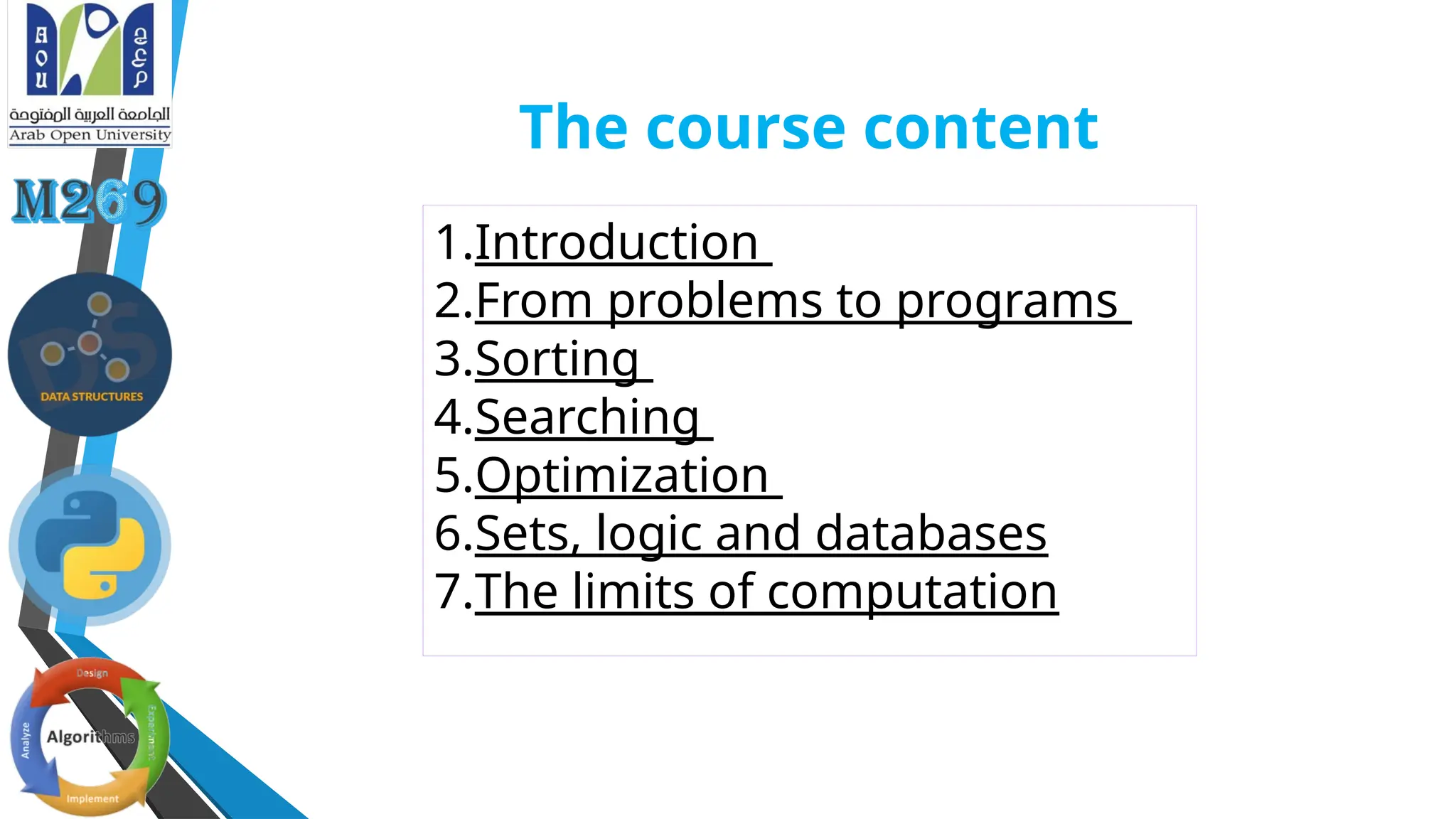 The course content
1.Introduction
2.From problems to programs
3.Sorting
4.Searching
5.Optimization
6.Sets, logic and databases
7.The limits of computation
 