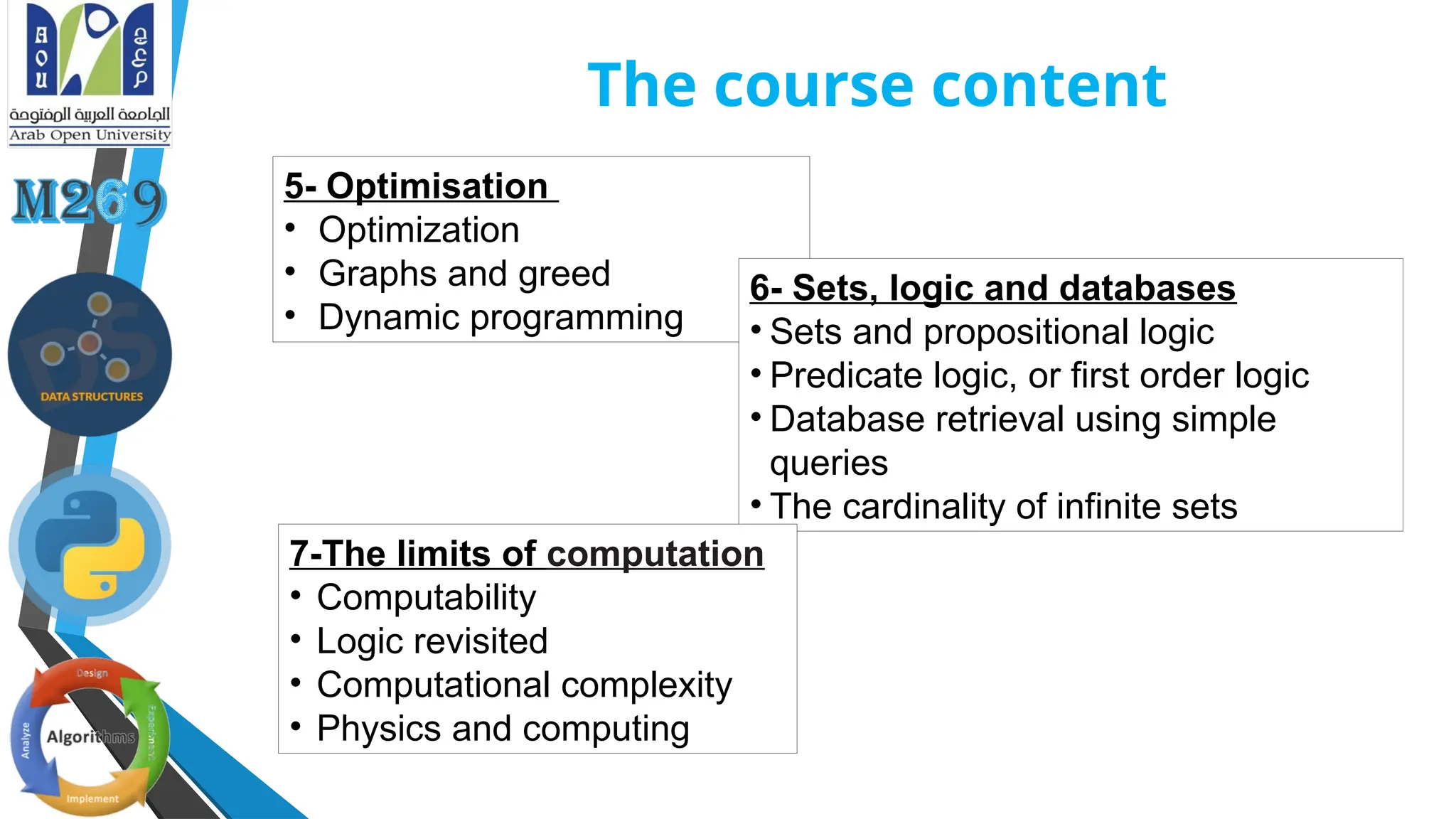 The course content
5- Optimisation
• Optimization
• Graphs and greed
• Dynamic programming
6- Sets, logic and databases
• Sets and propositional logic
• Predicate logic, or first order logic
• Database retrieval using simple
queries
• The cardinality of infinite sets
7-The limits of computation
• Computability
• Logic revisited
• Computational complexity
• Physics and computing
 