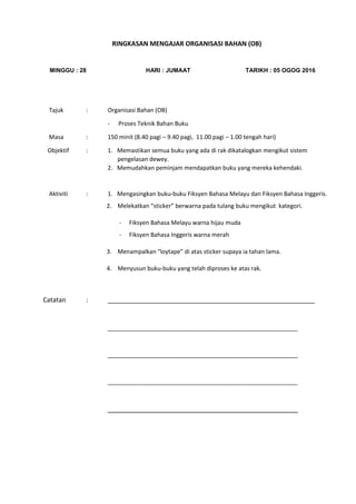 RINGKASAN MENGAJAR ORGANISASI BAHAN (OB)
MINGGU : 28 HARI : JUMAAT TARIKH : 05 OGOG 2016
Tajuk : Organisasi Bahan (OB)
- Proses Teknik Bahan Buku
Masa : 150 minit (8.40 pagi – 9.40 pagi, 11.00 pagi – 1.00 tengah hari)
Objektif : 1. Memastikan semua buku yang ada di rak dikatalogkan mengikut sistem
pengelasan dewey.
2. Memudahkan peminjam mendapatkan buku yang mereka kehendaki.
Aktiviti : 1. Mengasingkan buku-buku Fiksyen Bahasa Melayu dan Fiksyen Bahasa Inggeris.
2. Melekatkan “sticker” berwarna pada tulang buku mengikut kategori.
- Fiksyen Bahasa Melayu warna hijau muda
- Fiksyen Bahasa Inggeris warna merah
3. Menampalkan “loytape” di atas sticker supaya ia tahan lama.
4. Menyusun buku-buku yang telah diproses ke atas rak.
Catatan : __________________________________________________________
__________________________________________________________
__________________________________________________________
__________________________________________________________
______________________________________________________________________________
 