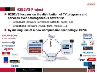 Telecom ParisTech
H2B2VS Project
 H2B2VS focuses on the distribution of TV programs and
services over heterogeneous networks:
• Broadcast network (terrestrial, satellite, cable) and
• Broadband network (ADSL, fibre, mobile, …),
 by making use of a new compression technology: HEVC
 