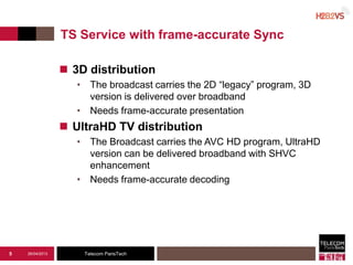 Telecom ParisTech
TS Service with frame-accurate Sync
 3D distribution
• The broadcast carries the 2D “legacy” program, 3D
version is delivered over broadband
• Needs frame-accurate presentation
 UltraHD TV distribution
• The Broadcast carries the AVC HD program, UltraHD
version can be delivered broadband with SHVC
enhancement
• Needs frame-accurate decoding
26/04/20135
 