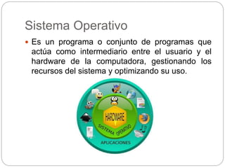 Sistema Operativo
 Es un programa o conjunto de programas que
actúa como intermediario entre el usuario y el
hardware de la computadora, gestionando los
recursos del sistema y optimizando su uso.
 