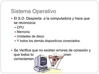 Sistema Operativo
 El S.O. Despierta a la computadora y hace que
se reconozca:
 CPU
 Memoria
 Unidades de disco
 Y todos los demás dispositivos conectados.
 Se Verifica que no existan errores de conexión y
que todos los dispositivos funcionen
correctamente. (POST)
 