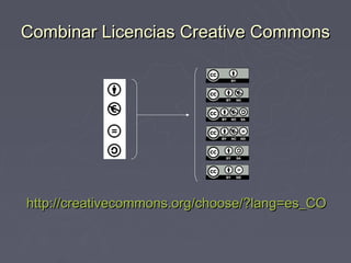 Combinar Licencias Creative Commons




http://creativecommons.org/choose/?lang=es_CO
 