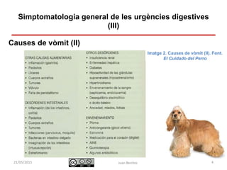 Identificació i actuació davant
urgències digestives
Causes de vòmit (II)
Juan Benítez 4
Simptomatologia general de les urgències digestives
(III)
10/07/2015
Imatge 2. Causes de vòmit (II). Font.
El Cuidado del Perro
 