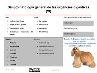 Identificació i actuació davant
urgències digestives
Juan Benítez 7
Simptomatologia general de les urgències digestives
(VI)
10/07/2015
Quadre 1. Diagnòstic diferencial de
diarrea aguda.
Font: Medicina interna de pequeños
animales. Notas de clase
 