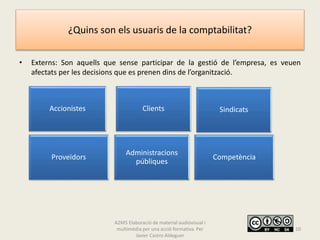 ¿Quins son els usuaris de la comptabilitat?
• Externs: Son aquells que sense participar de la gestió de l’empresa, es veuen
afectats per les decisions que es prenen dins de l’organització.
A2M5 Elaboració de material audiovisual i
multimèdia per una acció formativa. Per
Javier Castro Aldeguer
10
SindicatsAccionistes Clients
Proveïdors
Administracions
públiques
Competència
 