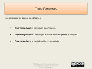 Tipus d’empreses
Las empreses les podem classificar en:
 Empreses privades: pertanyen a particulars.
 Empreses públiques: pertanyen a l’estat o son empreses públiques.
 Empreses mixtes: la participació és compartida.
A2M5 Elaboració de material audiovisual i
multimèdia per una acció formativa. Per
Javier Castro Aldeguer
3
 